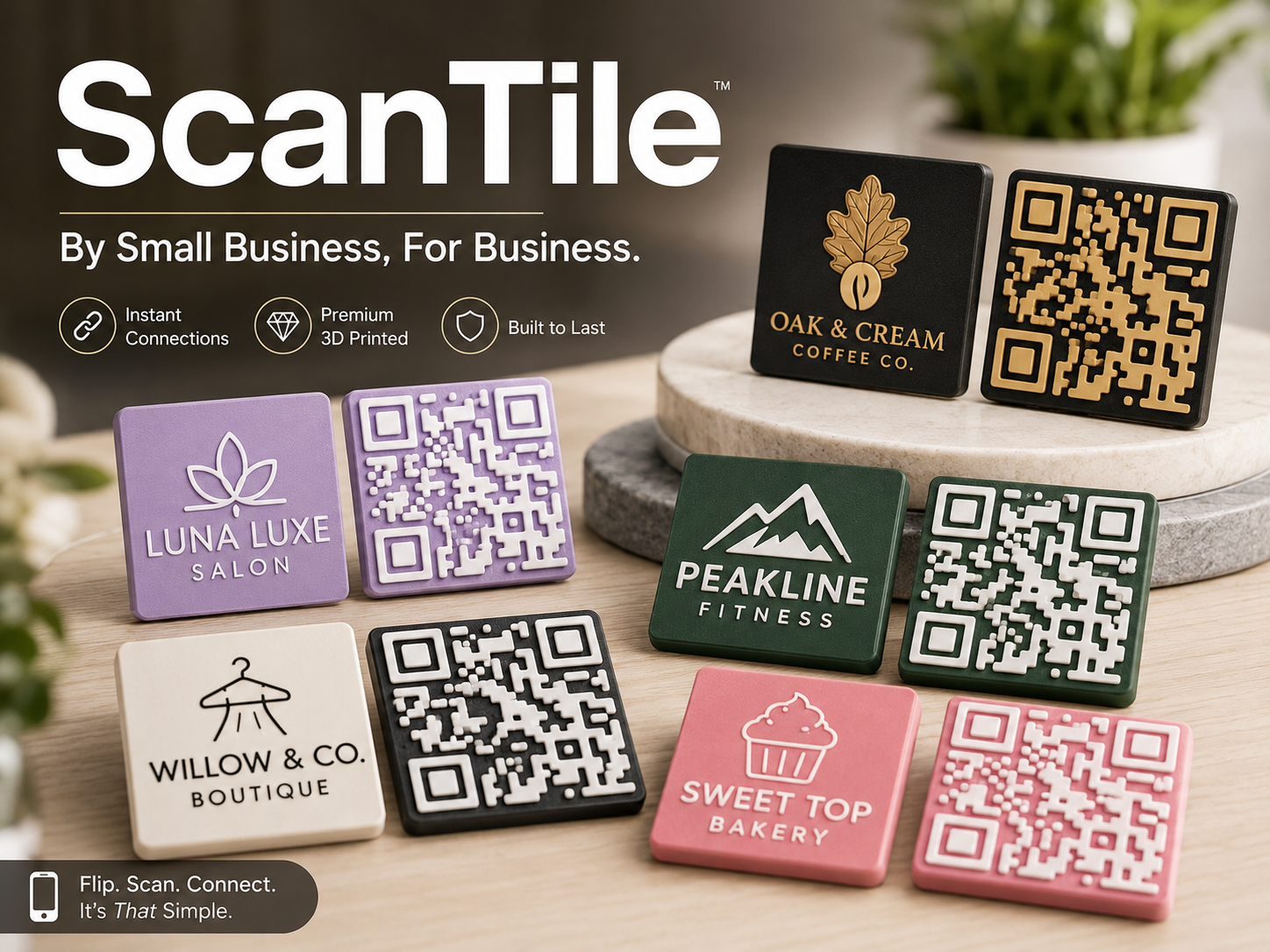 ScanTile Custom QR Code Tile, Premium 3D Printed Business Card Alternative, 2x2 Logo Leave Behind for Small Business