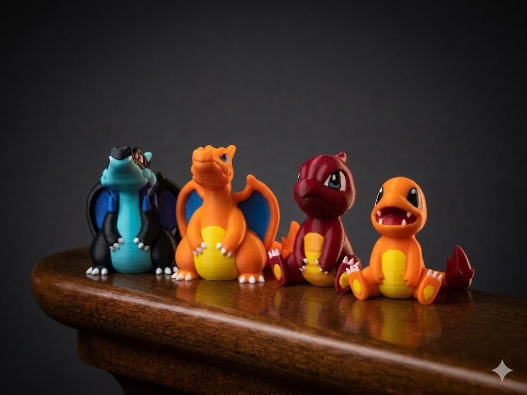 Pocket Monster Evolution Set - 3D Printed Fire Lizard Figures - Mini Anime Collectible Statues - 4 Set