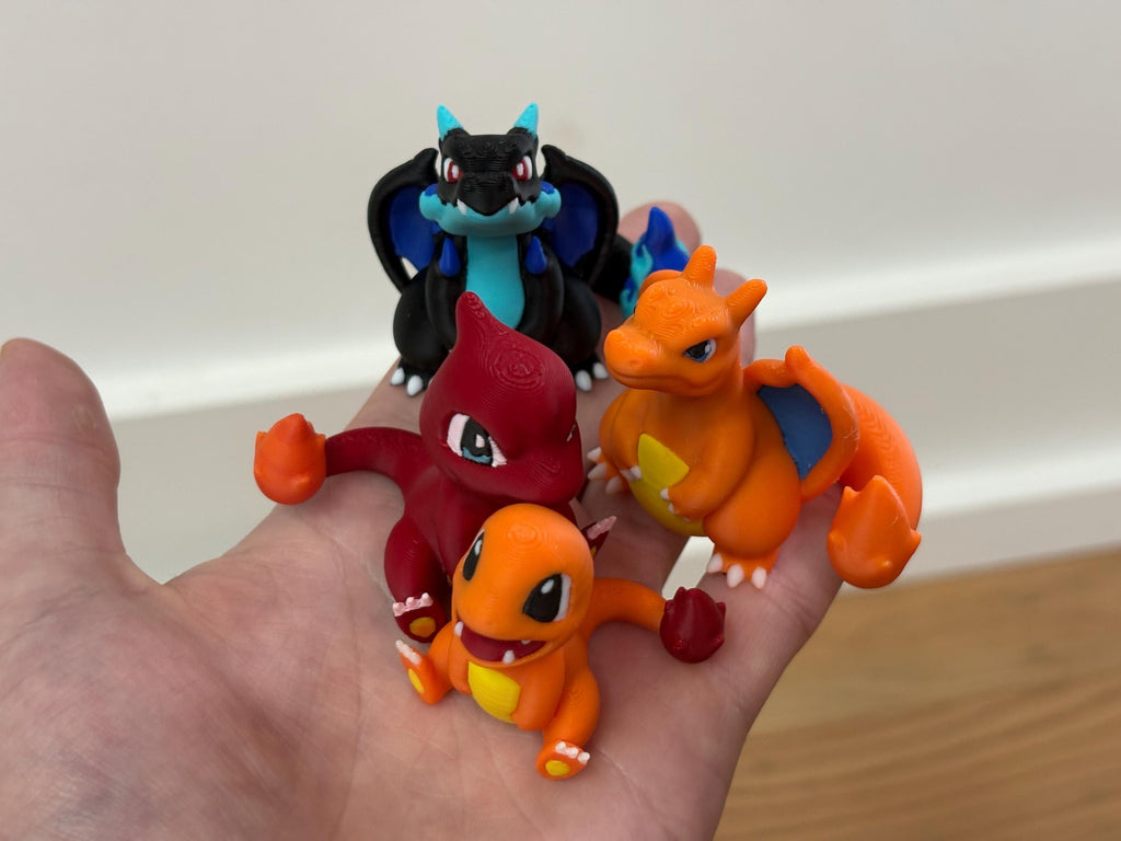Pocket Monster Evolution Set - 3D Printed Fire Lizard Figures - Mini Anime Collectible Statues - 4 Set